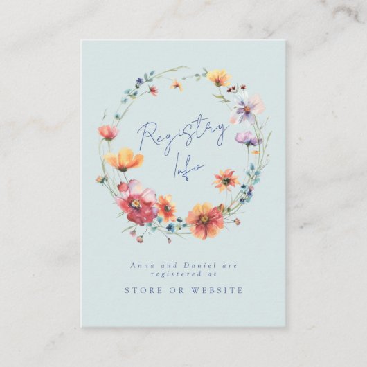 Blauwe Wildbloem krans Bruiloft Registry Info Informatiekaartje (Voorkant)