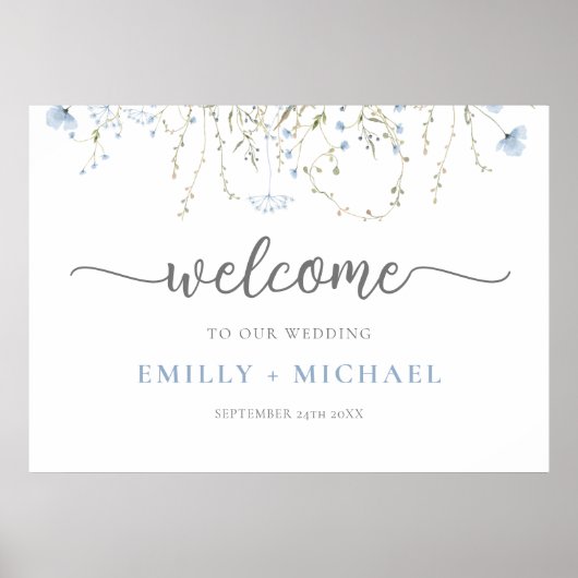 Blauwe Wildbloem Periwinkle bruiloft Welkomstbord Poster (Voorkant)