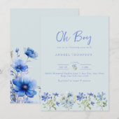 Blauwe Wildbloem | Waterverf Baby Jongensdouche Kaart (Voorkant / Achterkant)