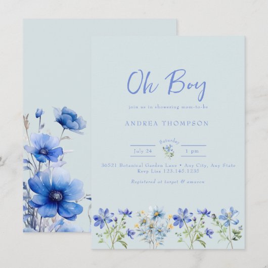 Blauwe Wildbloem | Waterverf Baby Jongensdouche Kaart (Voorkant / Achterkant)