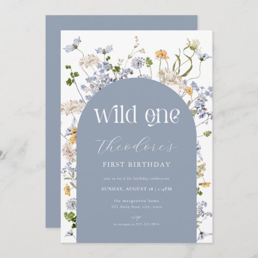 Blauwe Wildbloem Wild Een 1e Verjaardag Uitnodigin Kaart (Voorkant / Achterkant)