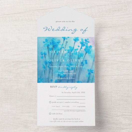 Blauwe Wildbloemen bruiloft alles in één uitnodigi All In One Uitnodiging (Binnen)