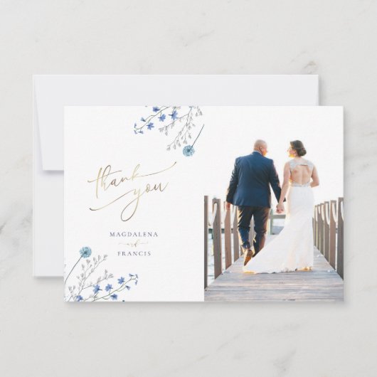 Blauwe Wildbloemen bruiloft dank u kaart (Voorkant)