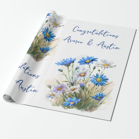 Blauwe Wildbloemen Bruiloft/douche Gefeliciteerd Cadeaupapier (Uitgerold)