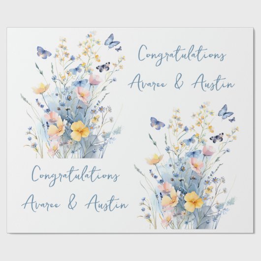 Blauwe Wildbloemen Bruiloft/douche Gefeliciteerd Cadeaupapier (Vlak)