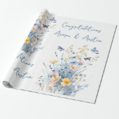 Blauwe Wildbloemen Bruiloft/douche Gefeliciteerd Cadeaupapier (Uitgerold)