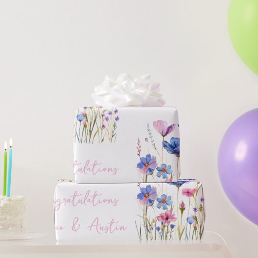 Blauwe Wildbloemen Bruiloft/douche Gefeliciteerd Cadeaupapier (Feestgeschenken)