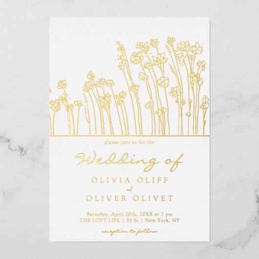 Blauwe Wildbloemen Bruiloft Folie Uitnodiging (Voorkant)