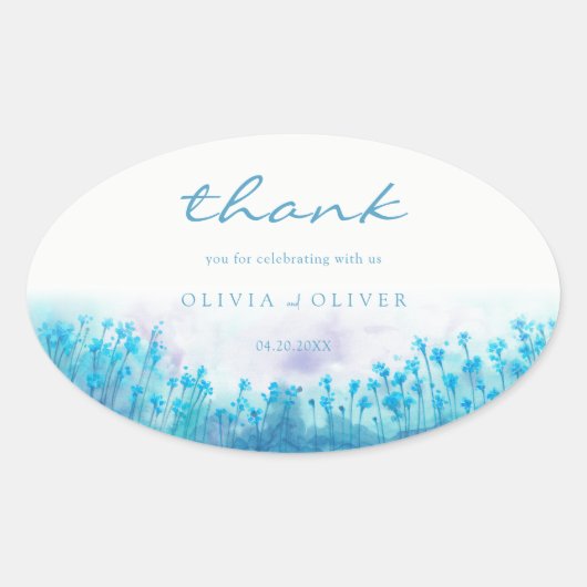 Blauwe Wildbloemen Bruiloft Ovale Sticker (Voorkant)