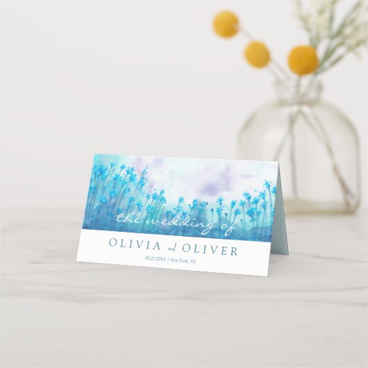 Blauwe Wildbloemen Bruiloft Plaatskaartje (Voorkant)