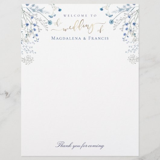 Blauwe Wildbloemen bruiloft welkom briefhoofd (Voorkant)