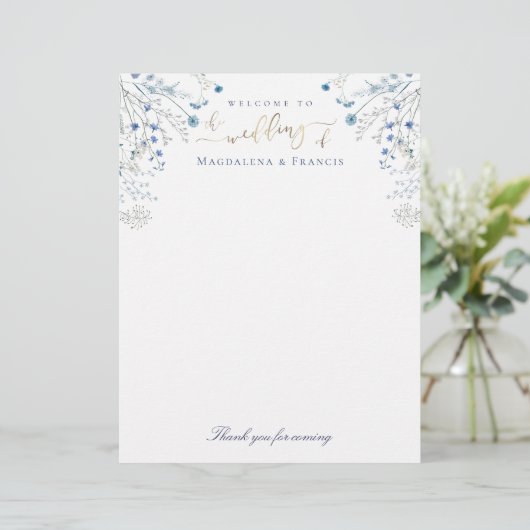 Blauwe Wildbloemen bruiloft welkom briefhoofd (Staand voorkant)