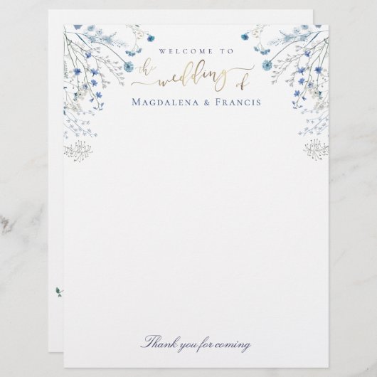Blauwe Wildbloemen bruiloft welkom briefhoofd (Voorkant / Achterkant)