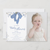 Blauwe Wildbloemen Coquette Bow Foto Baby shower Kaart (Voorkant)