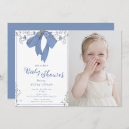 Blauwe Wildbloemen Coquette Bow Foto Baby shower Kaart