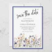 Blauwe Wildbloemen Floral Modern Elegant Bruiloft Save The Date (Voorkant)