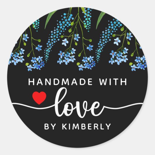 Blauwe Wildbloemen Handgemaakt met Love Black Ronde Sticker (Voorkant)