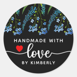 Blauwe Wildbloemen Handgemaakt met Love Black Ronde Sticker