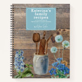 Blauwe Wildbloemen Hout Keukengerei Recept Notitieboek (Voorkant)