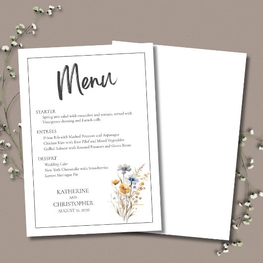 Blauwe Wildbloemen Modern Elegant Bloemen Bruiloft Menu
