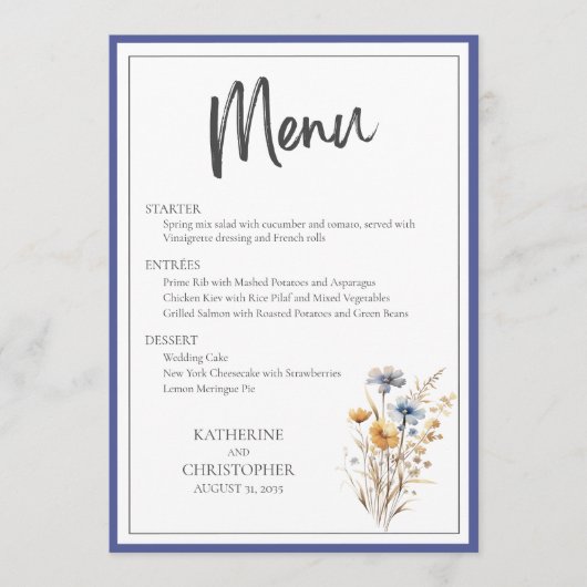 Blauwe Wildbloemen Modern Elegant Bloemen Bruiloft Menu (Voorkant)