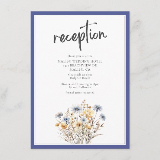 Blauwe Wildbloemen Moderne elegante bruiloft recep Informatiekaartje (Voorkant)