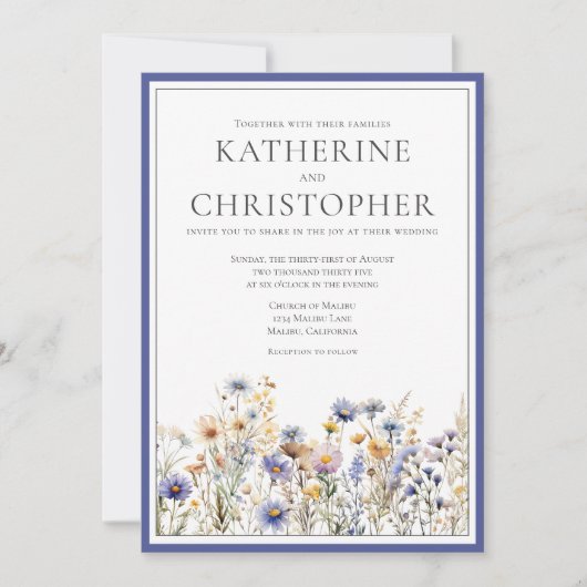 Blauwe Wildbloemen Moderne Elegante Formele Bruilo Kaart (Voorkant)