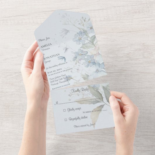 Blauwe Wildbloemen op Bord Blauw All In One Uitnodiging (Afscheurbaar)