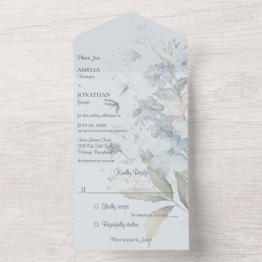 Blauwe Wildbloemen op Bord Blauw All In One Uitnodiging (Binnen)