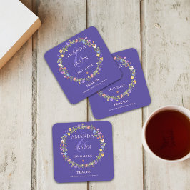 Blauwe Wildbloemen Paarse Gele Bloemen Bruiloft Bier Onderzetter