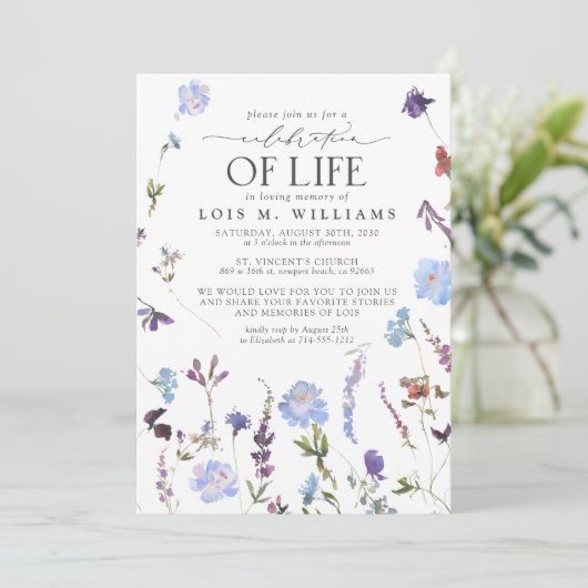 Blauwe Wildbloemen Viering van het Leven Kaart (Staand voorkant)