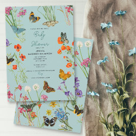 Blauwe Wildbloemen Vlinders Baby shower Kaart