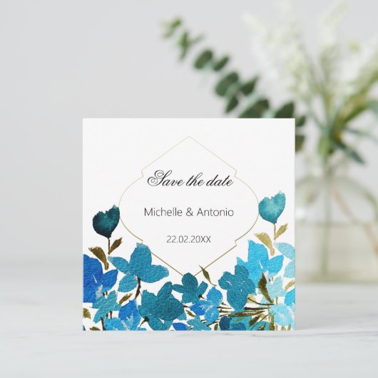 Blauwe Wildbloemen Waterverf Bloemenkunst Save The Date (Staand voorkant)