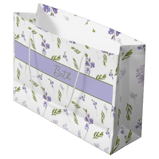 Blauwe wilde bloem aquarel monogram naam groot cadeauzakje (Voorkant Gekanteld)