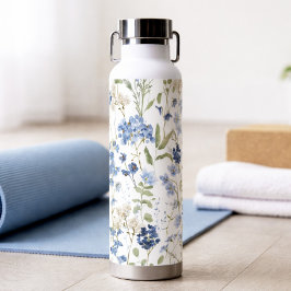 Blauwe wilde bloem aquarel waterfles