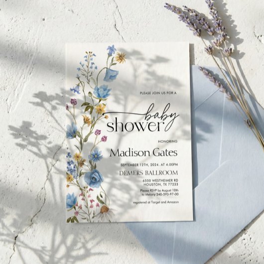Blauwe wilde bloem baby shower uitnodiging 