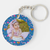Blauwe Wilde Bloem & Bij Waterverf Monogram Sleutelhanger (Achterkant)