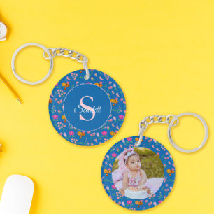 Blauwe Wilde Bloem & Bij Waterverf Monogram Sleutelhanger