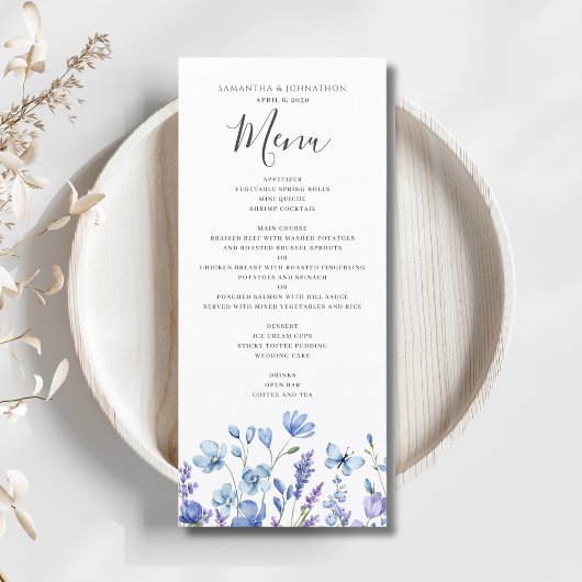 Blauwe wilde bloem bloem bruiloft plat menu