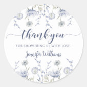 Blauwe wilde bloem bloemenjongen baby shower dank ronde sticker (Voorkant)