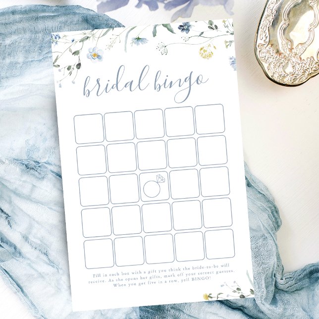 Blauwe wilde bloem Boho bruiloft bingo spel (Blue Wildflower Boho bridal shower bingo game)