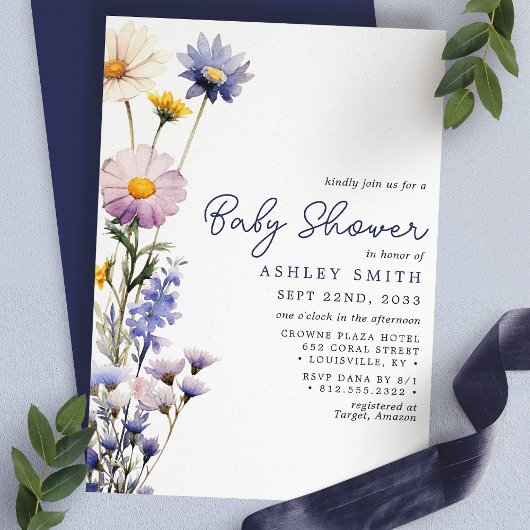 Blauwe Wilde Bloem Boho Waterverf Baby Shower Kaart