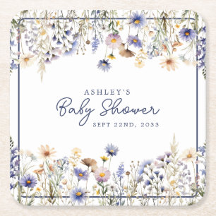 Blauwe Wilde Bloem Boho Waterverf Baby Shower Kartonnen Onderzetters