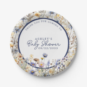 Blauwe Wilde Bloem Boho Waterverf Baby Shower Papieren Bordje