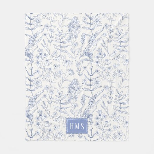 Blauwe Wilde Bloem Botanisch Monogram Fleece Deken (Voorkant)