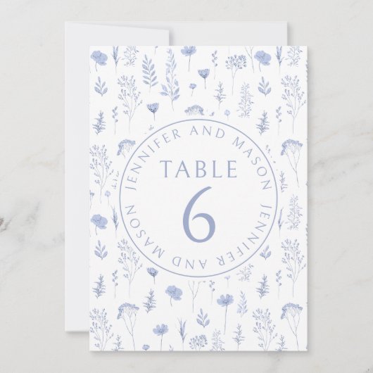 Blauwe wilde bloem bruidegom bruiloft tafel nummer kaart (Voorkant)