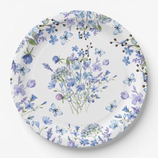 Blauwe Wilde Bloem Delicate Waterverf Bloemmotief Papieren Bordje (Voorkant)