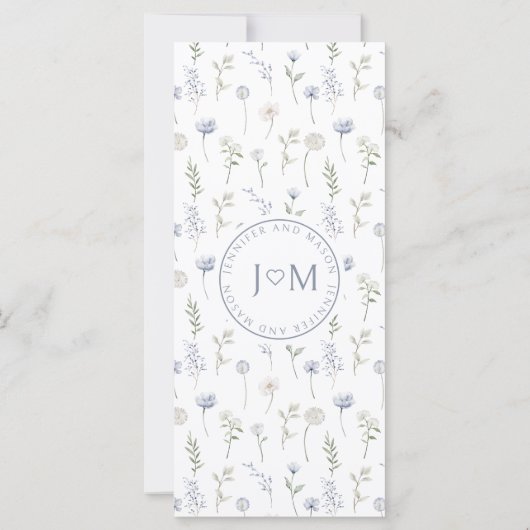 Blauwe wilde bloem grillige bruiloft menu kaarten (Achterkant)