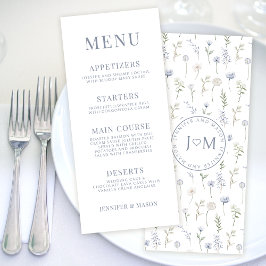 Blauwe wilde bloem grillige bruiloft menu kaarten