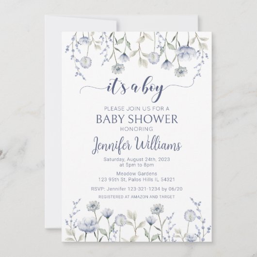 Blauwe wilde bloem is een jongen baby shower kaart (Voorkant)